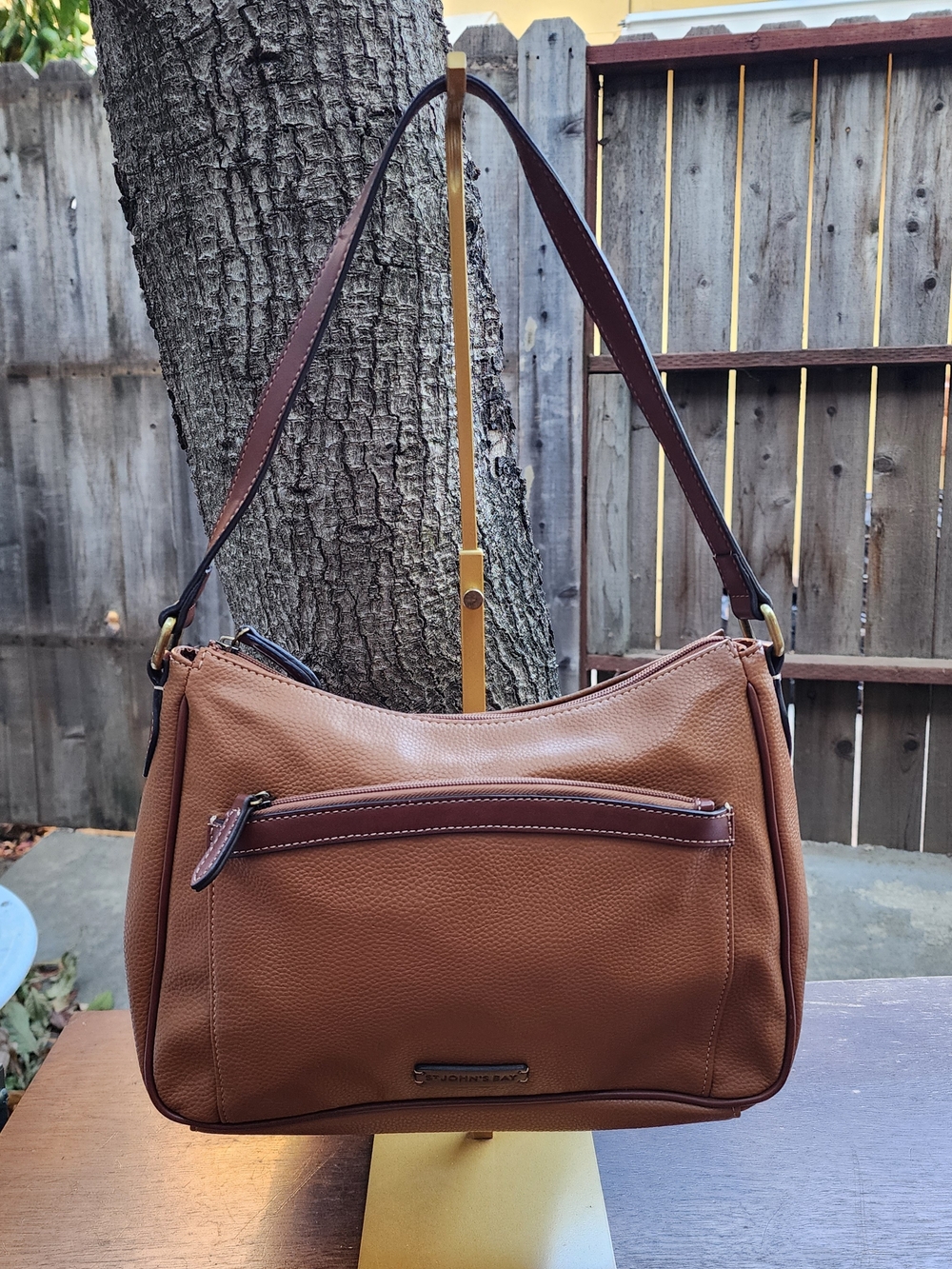 Giani Bernini Pebble Faux Leather Shoulder Bag Purse Brown Cognac Vachetta Trim